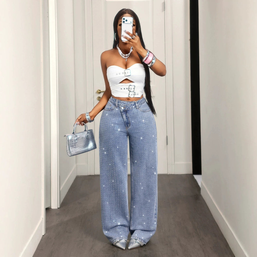 Fashionjeans women's high waist diagonal placket hot diamond sparkling diamond decoration loosedrapedloose pants moppants