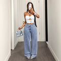 Fashionjeans women's high waist diagonal placket hot diamond sparkling diamond decoration loosedrapedloose pants moppants