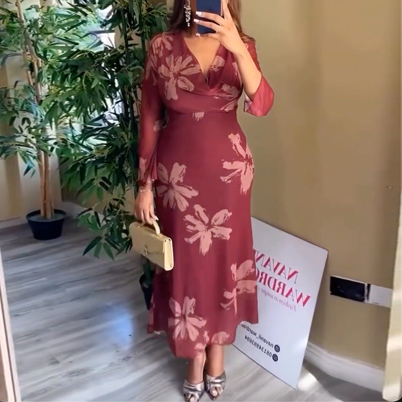 European and american cross-border women's fashion:  spring new arrival - chic and elegant scalloped neck slim-fit bodycon printed long sleeve dress