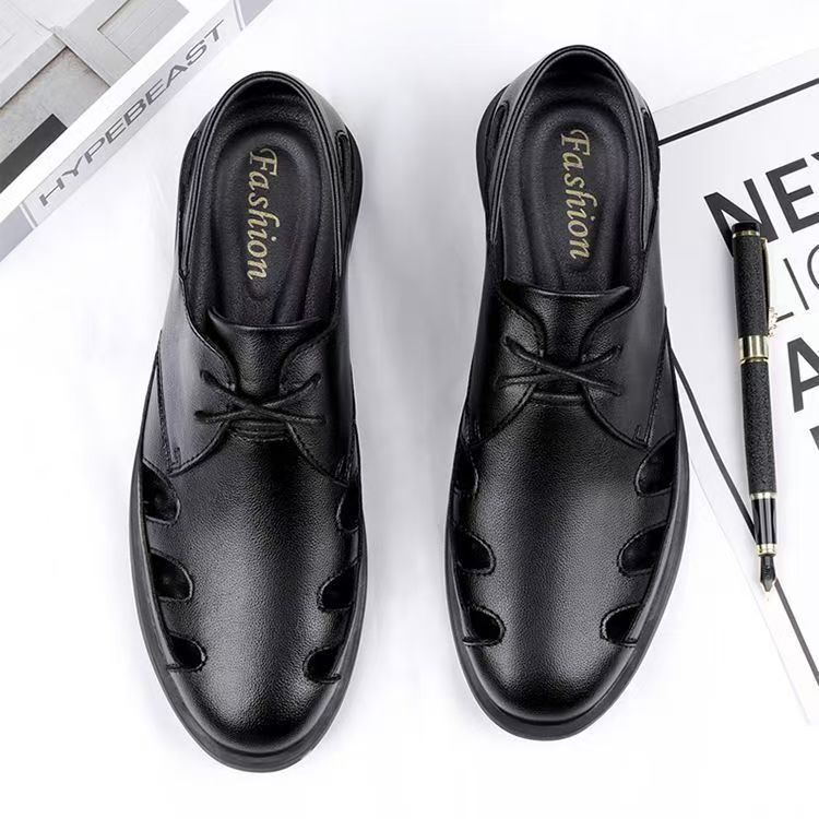 Special big salenew arrivalmen leather sandals summer breathable leather shoes middle-aged and elderly soft bottom dad hole shoes cut out