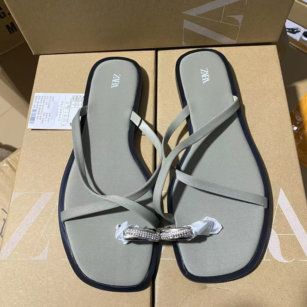 One-word buckle elegance sandals for women 2024 summer new arrival lady elegant street style toe flats european station preppy style