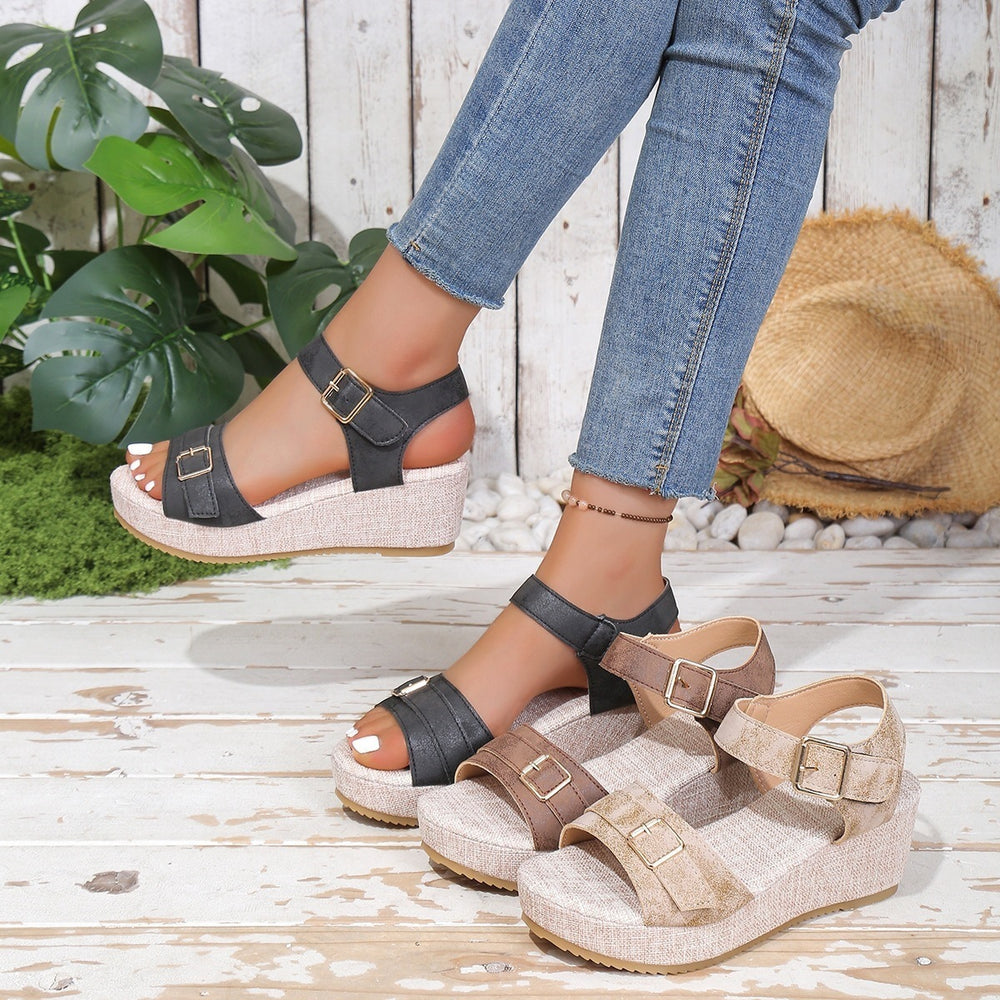 plus size  spring/summer new buckle strap peep-toe wedge heel platform stitched sandals