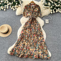 Vintage print a-line dress - women's summer short sleeve, slim fit, elegant long dress