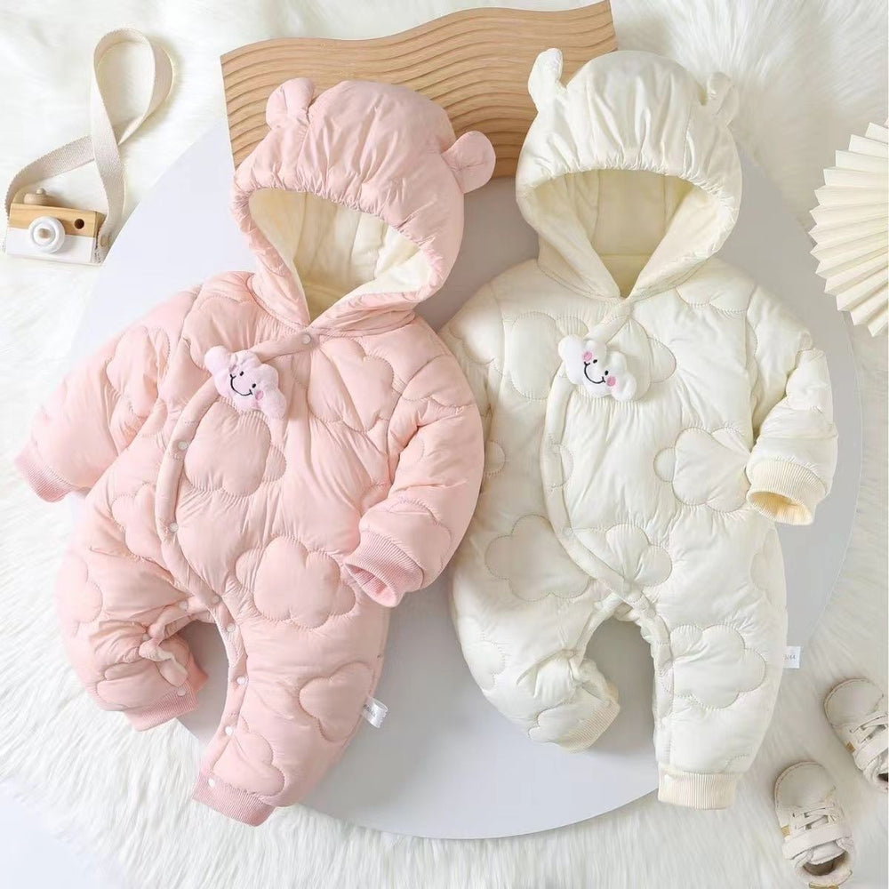 Newborn baby girl jumpsuit autumn winterfleece-linedthickened full month outing cotton clothes thickened khaki autumn winter cotton clothes