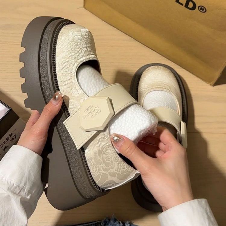 Platform-soled national style new Chinese-style printed embroidered small leather shoes women's 2024 summer new retro British style Mary Jane shoes