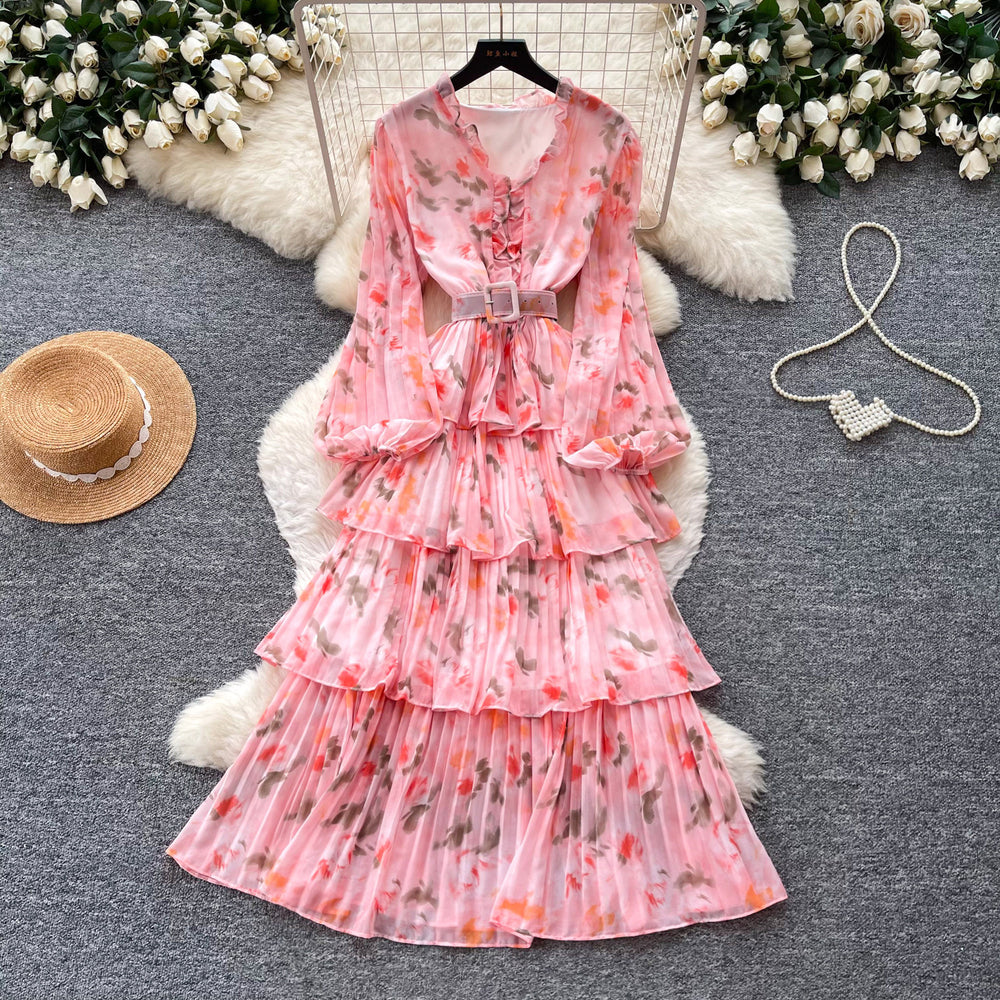 French romantic style printed long sleeve dress - women's spring slimming ruffle pleated tiered cake dress - elegant