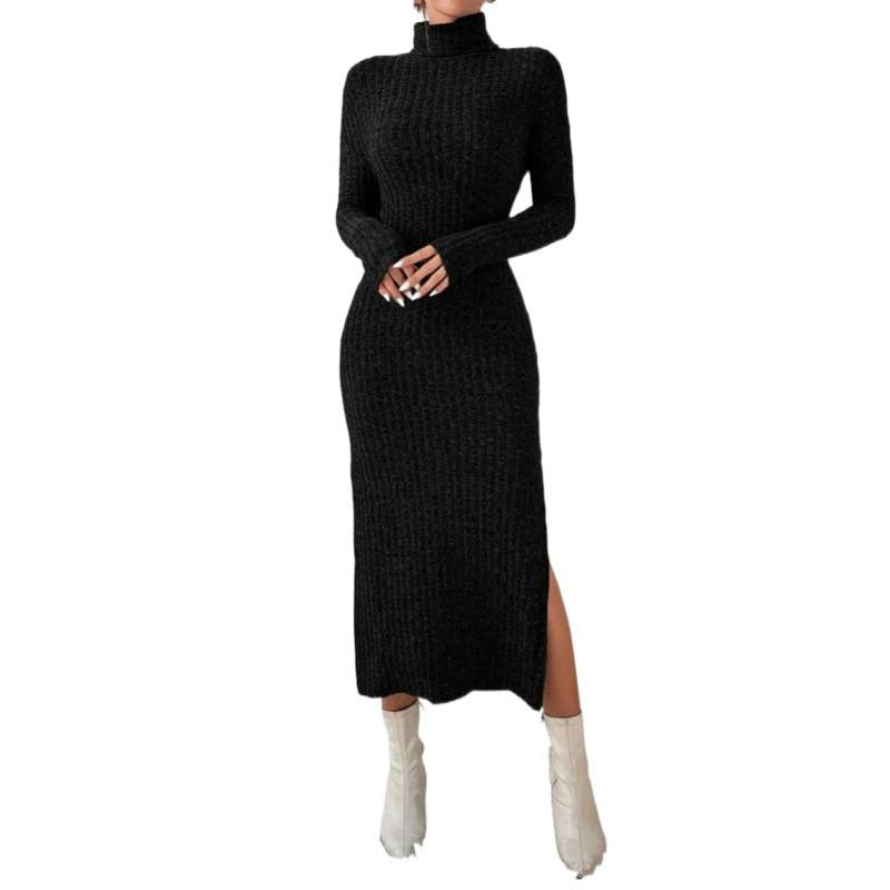 Women's turtleneck ribbed knit midi dress - autumn/winter long sleeve slim fit slit knit dress