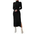 Women's turtleneck ribbed knit midi dress - autumn/winter long sleeve slim fit slit knit dress