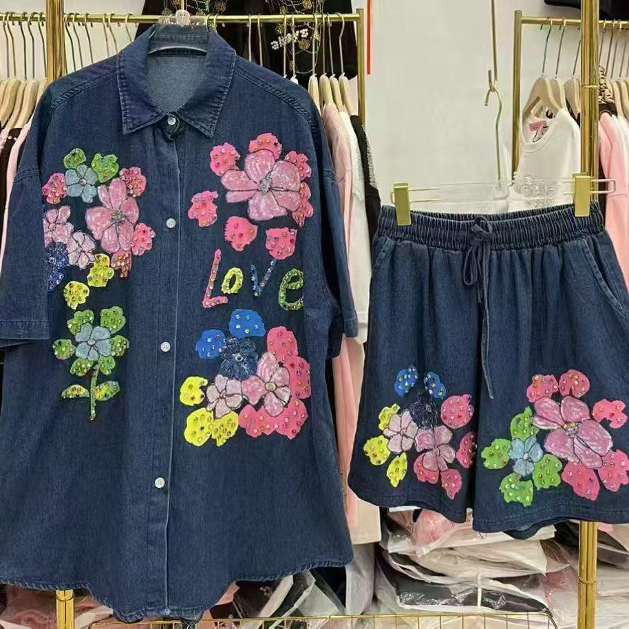 new european style heavy-duty denim set for women: designer cardigan and shorts, unique, fashionable, and relaxed fit two-piece outfit