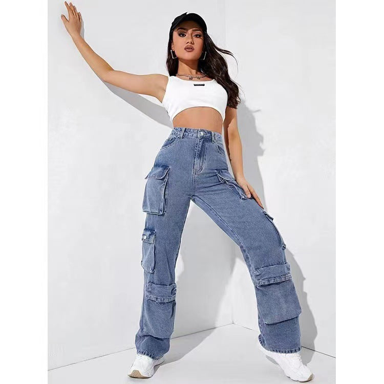Y2k style hot-selling women's jeans: new  &  zipper multi-pocket straight-leg washed cargo pants