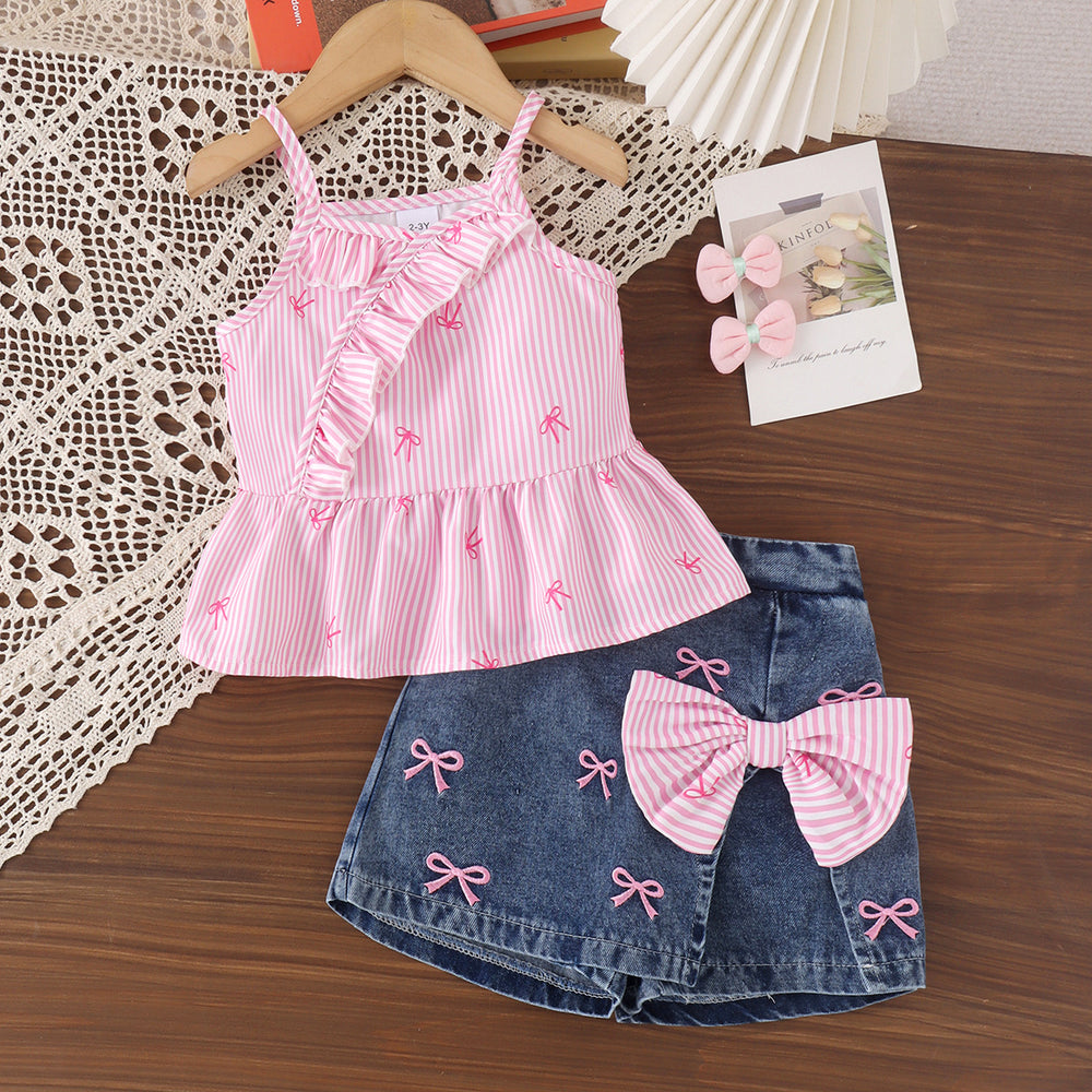 Export cross-border children's clothing girl printing suspender suit summernew arrivalembroider denim skirt and pants two-piece set