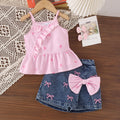 Export cross-border children's clothing girl printing suspender suit summernew arrivalembroider denim skirt and pants two-piece set