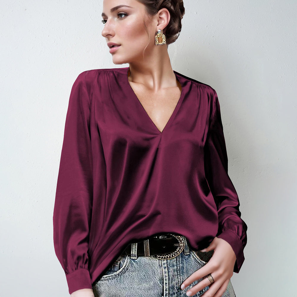 hot-selling women's satin ruched long sleeve top - v-neck casual loose satin commute blouse