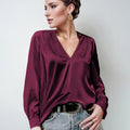 hot-selling women's satin ruched long sleeve top - v-neck casual loose satin commute blouse