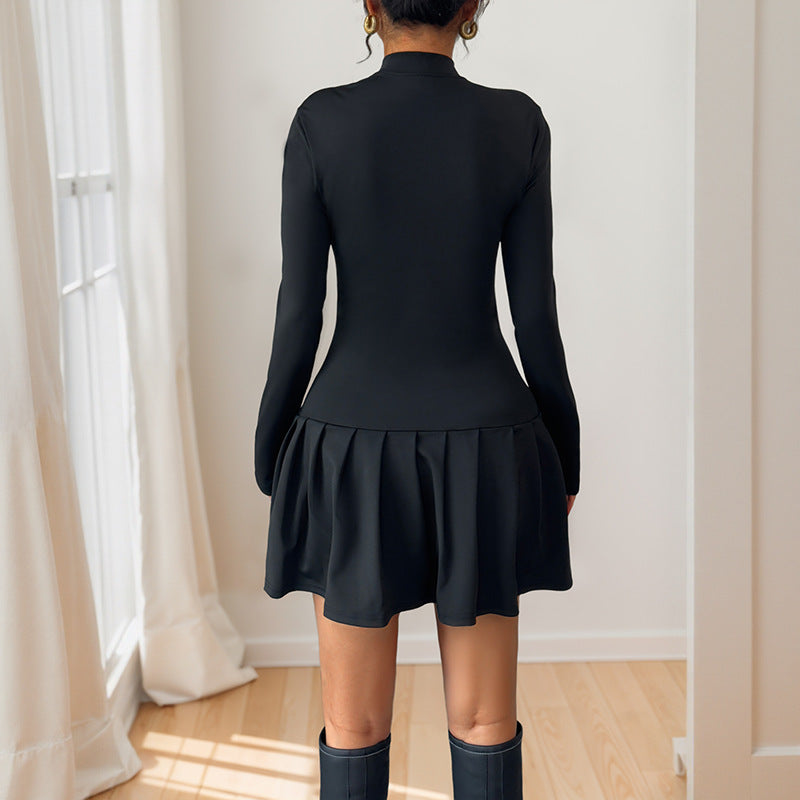 European and American  new  elegant sweet wind bow button decoration semi-turtleneck long-sleeved autumn dress