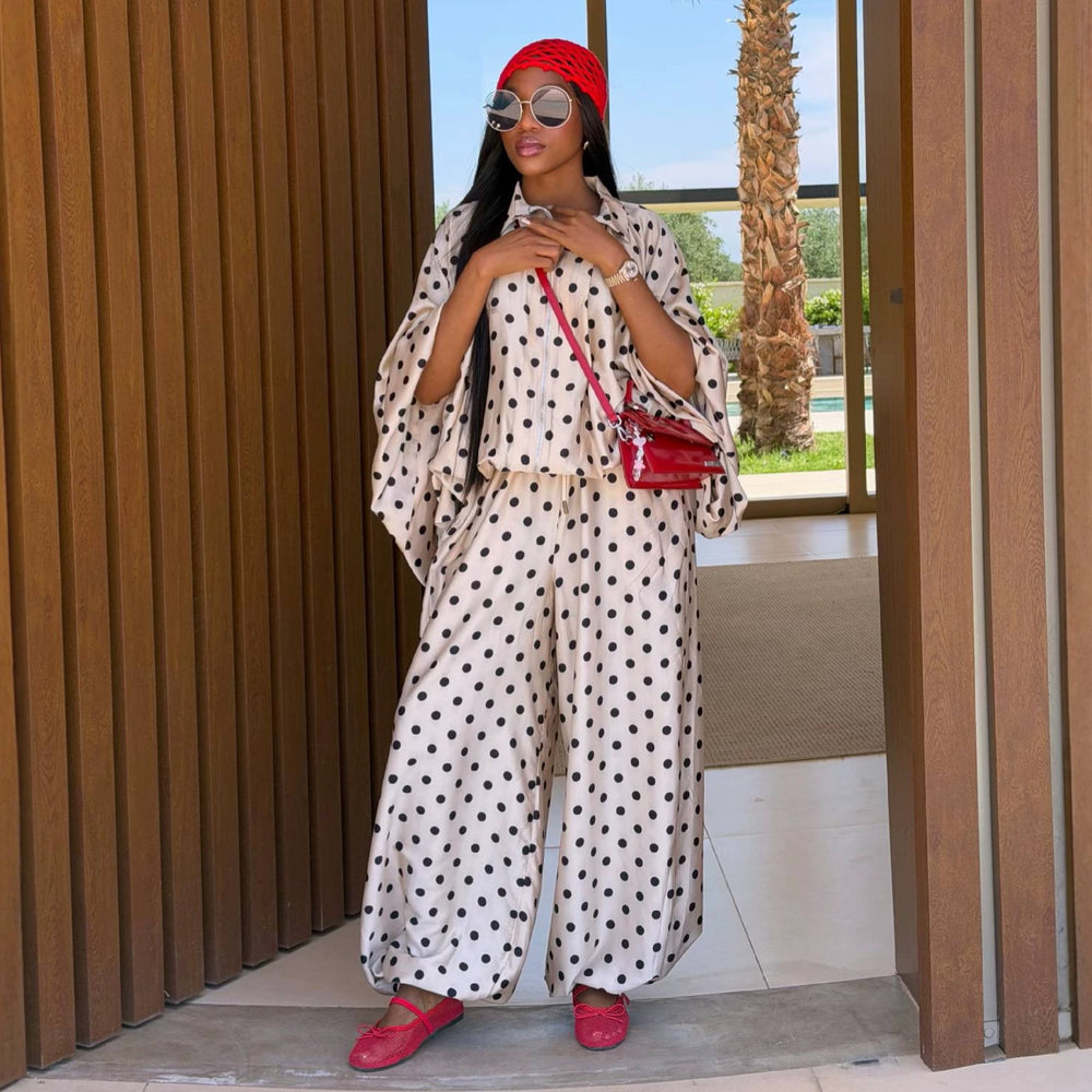 European and american women's clothing  autumn new collection: sweet and fresh polka dot collar batwing sleeve high-waisted lantern pants two-piece set
