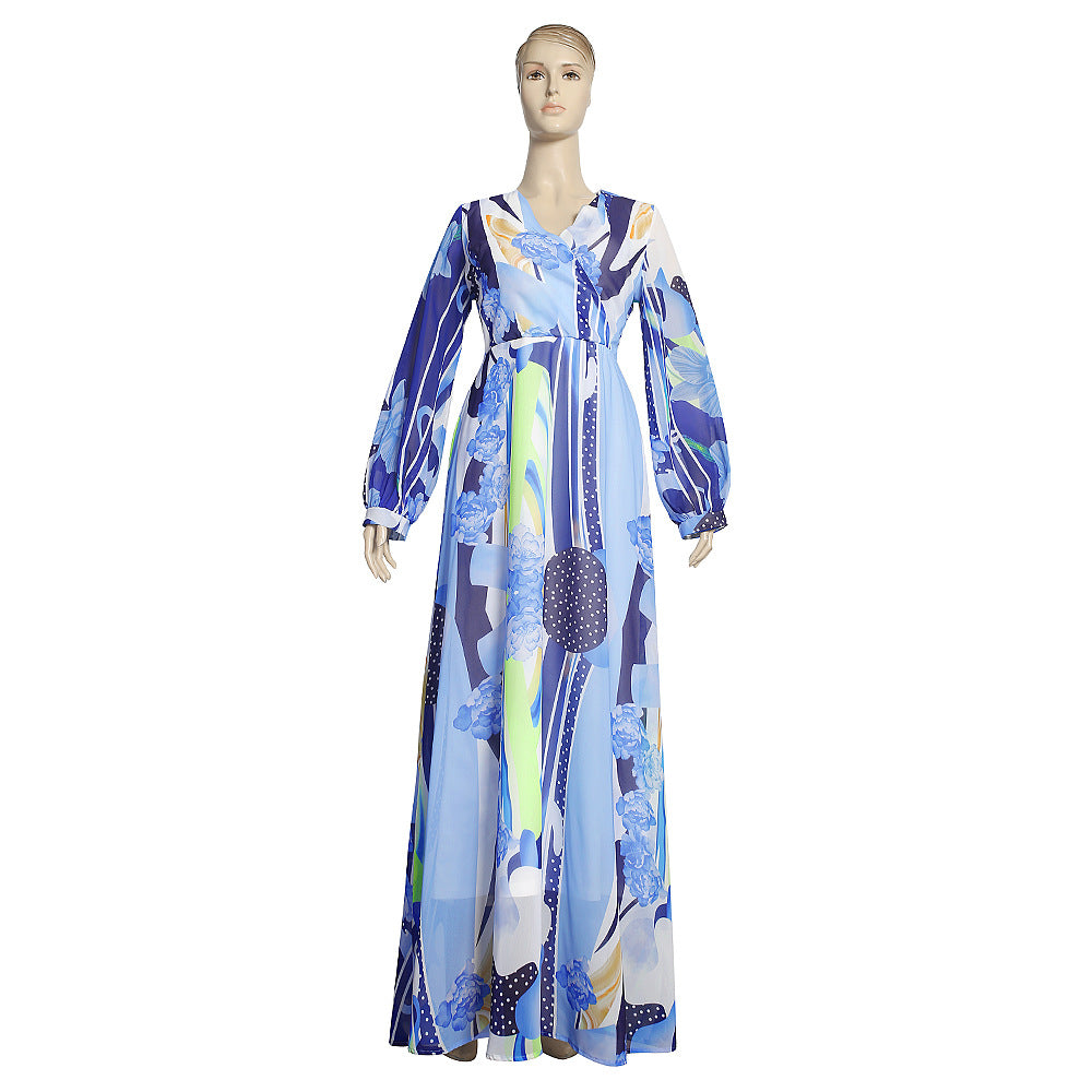 African plus sizeexportnew arrival women's chiffon   v neckprinting large swing long sleevesdress