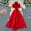 European and american style high-end short-sleeve dress for women - autumn off-the-shoulder ruffle stand collar tie-waist design - mature woman maxi dress