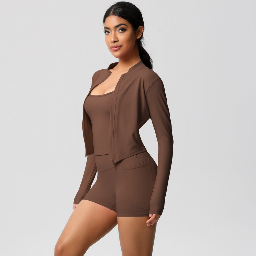 new nude feel tank top outdoor casual compression fitness set with pocket shorts and yoga outfit - 3 piece sports set
