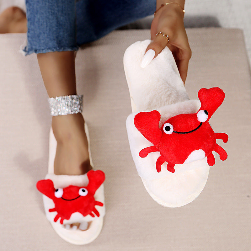 Autumn/winter open-toe cotton slippers for women - available in cute lobster/crab designs - plush, korean-style, wearable at home or out