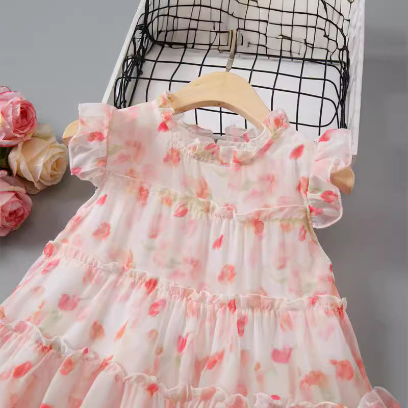 Girls' pink floral dress -  summer new arrival - korean style sleeveless ruffle trim tiered dress for toddlers and young children