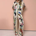cross-border european and american women's clothing: new summer collection - unique graffiti casual turn-down collar shirt long sleeve fashion set