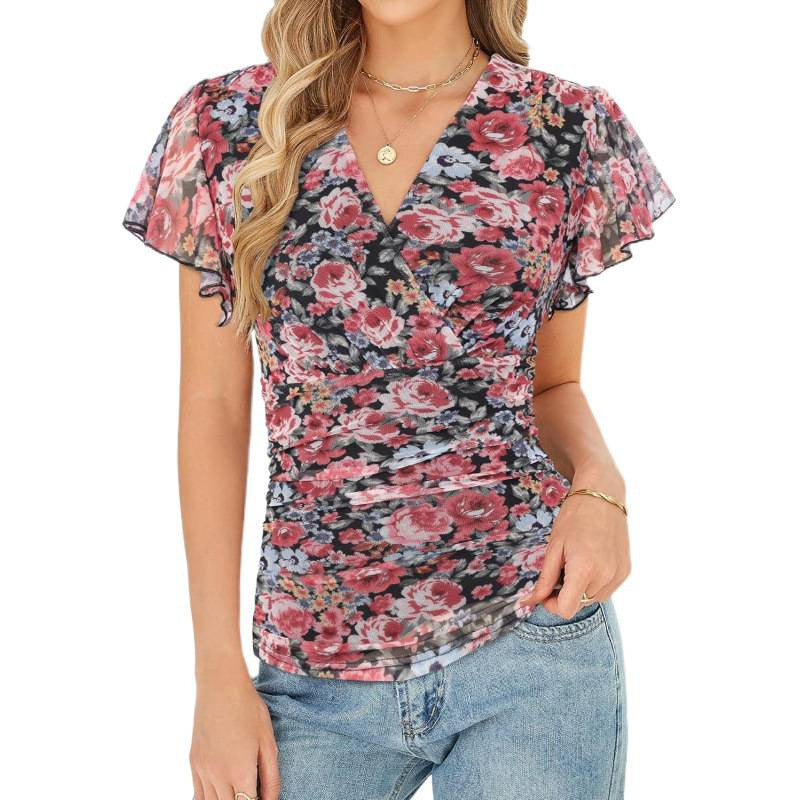 Amazon fashion ruffles sleeve formal casualshirt women's  summer new printing v necktops