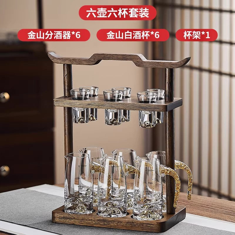 High-end acacia wood white wine glass set - home use, light luxury crystal glass shot glasses, gold foil wine pourer, barware set