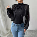 European and american cross-border women's fashion:  autumn new collection - mesh long sleeve puff sleeve beaded bodycon top