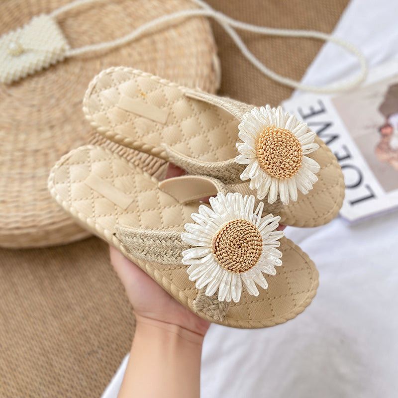 Sunflower slides women's flat outdoor wear imitation straw weaving travel beach shoes summer new anti-slip slippers women