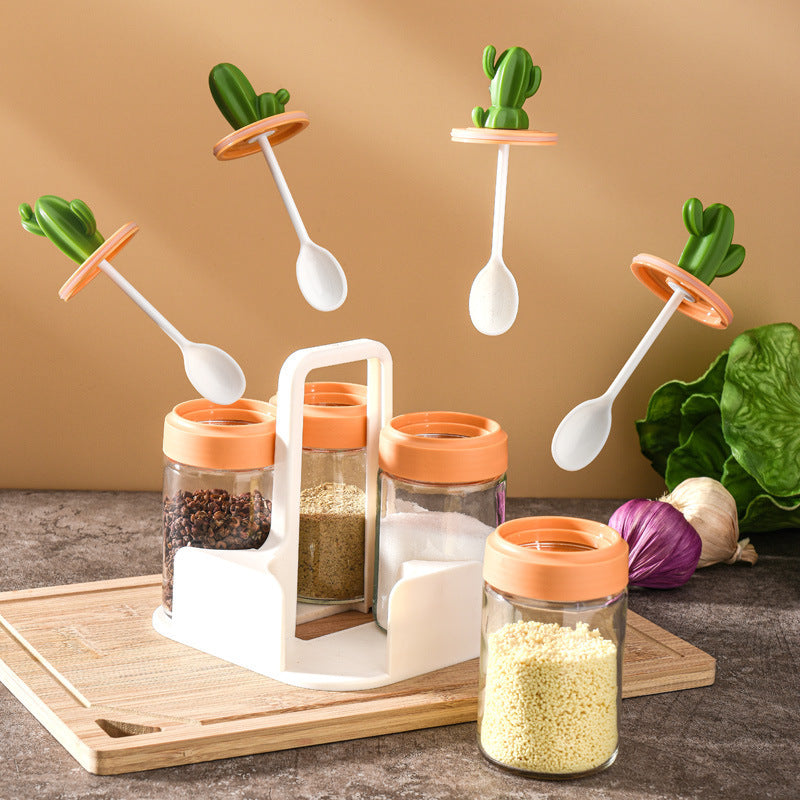 Kitchen spice jar set - home use oil, salt, sauce, vinegar combination set - condiment storage box - cactus glass seasoning jar bottle