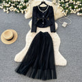 Xiaoxiangfeng wears frenchclassy sense of beads round neck waist suit outwearhigh waist mesh pleated skirt