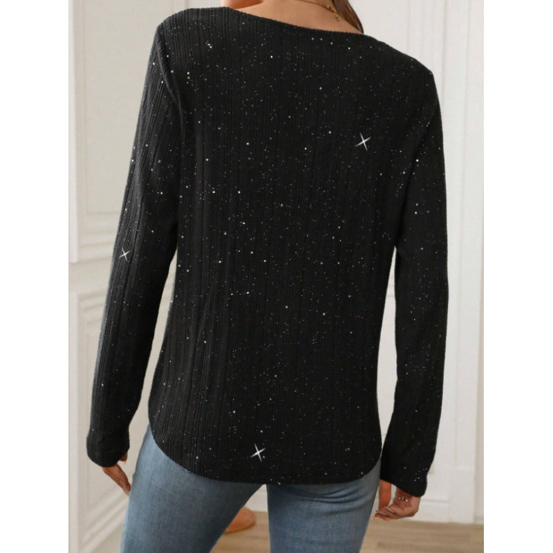 women's sequin ribbed knit sweater - long sleeve lace patch crew neck casual top