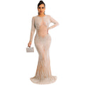 X5606 cross-border   nightclub style sexy rhinestone mesh see-through long sleeve maxi dress for women