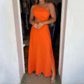 summer european and american style elegant fashion one-shoulder sleeveless solid color tie-waist slit maxi dress