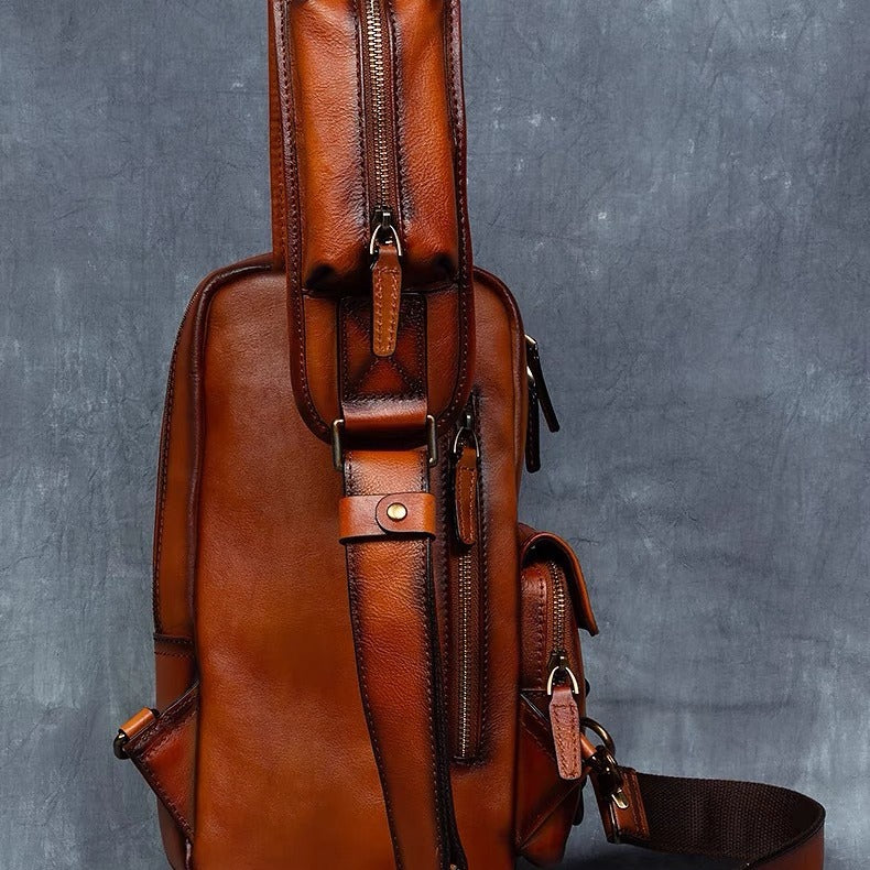 Retro handmade genuine leather chest bag casual crossbody bag first layer vegetable tanned cowhide multi-flap pocket pants shoulder bag men's travel trendy bag