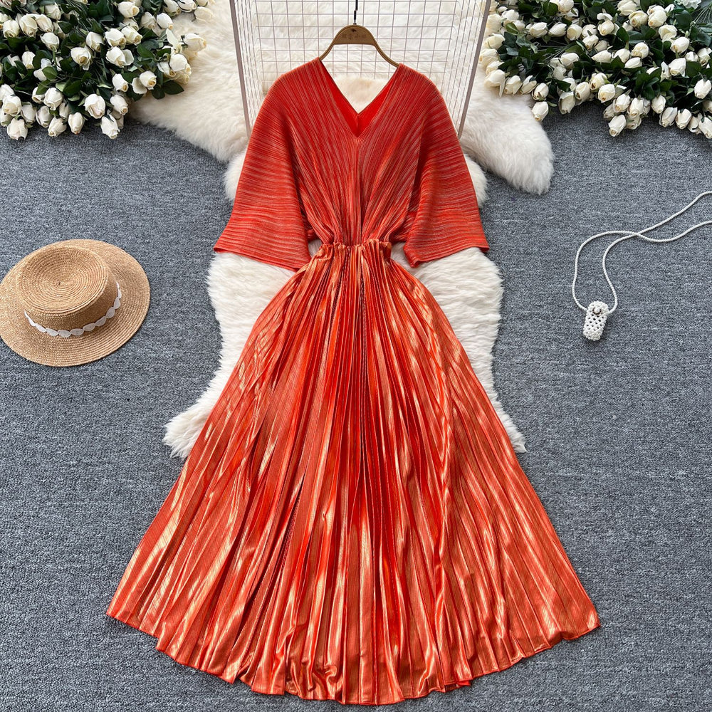 Miya european and american pleated dress for women summerclassyaccessible luxuryv neck bat sleeve waist metal pleated long skirt