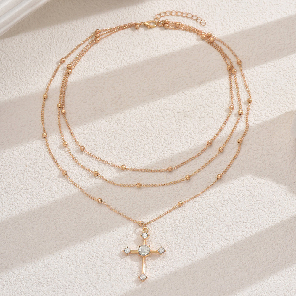 Wholesale diamond-encrusted choker necklace, european and american style cross-border sweater chain, alloy necklace for women, multi-layered wearing, cross pendant necklace