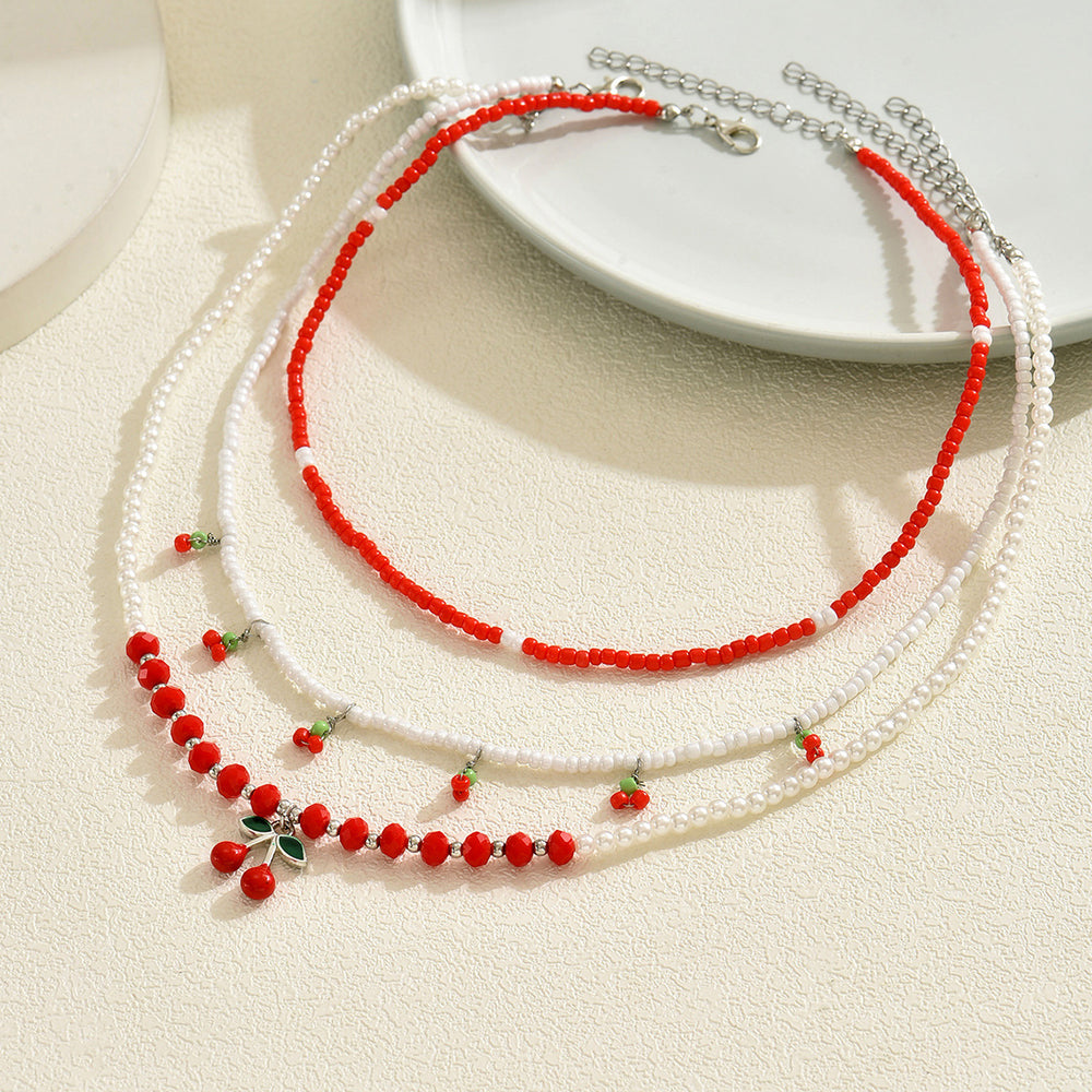European and american cross-border cherry necklace set - multi-layered design, summer fresh style, rice bead chain accessories, women's necklace