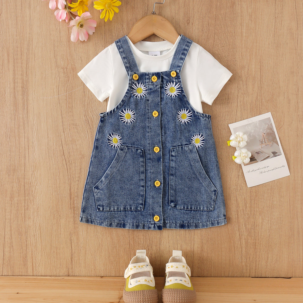 Kids clothing cross-border exclusive for european and american girls new arrival children's white t-shirt + blue suspender skirt