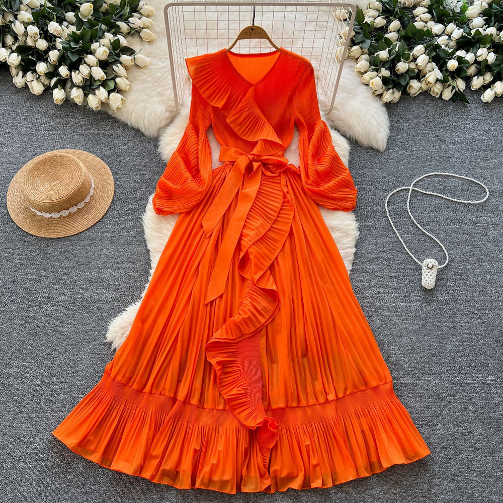 French style socialite issey miyake pleated v-neck long sleeve tie-waist ruffle hem maxi dress - elegant women's flowing dress
