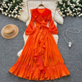 French style socialite issey miyake pleated v-neck long sleeve tie-waist ruffle hem maxi dress - elegant women's flowing dress