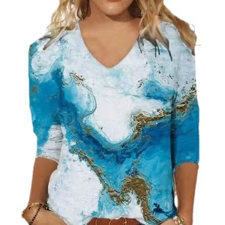 2025 cross-border amazon women's casual printed v-neck 3/4 sleeve t-shirt top - in stock