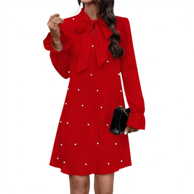 e-commerce  early spring independent store european and american women's clothing tie-up beaded long-sleeved solid color dress