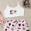 exclusive knitted tank top and camisole set with various pattern prints, comfortable and lightweight women's loungewear pajama set with shorts