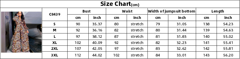 D3083  spring print v-neck long sleeve tie-waist fashion plus size wide leg jumpsuit - cross-border romper