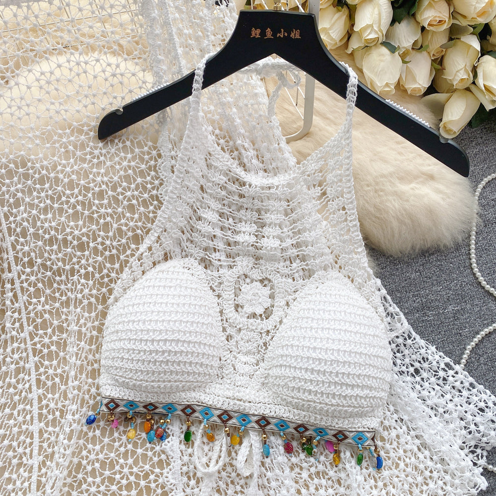 Beach outfit vacation style set for women - vintage crochet halter top + openwork cardigan + midi skirt three-piece set