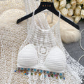 Beach outfit vacation style set for women - vintage crochet halter top + openwork cardigan + midi skirt three-piece set