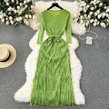 Classy sense of dress classyaccessible luxuryniche style tassel long skirt elegantv neck silm heavy industry pleated early spring dress