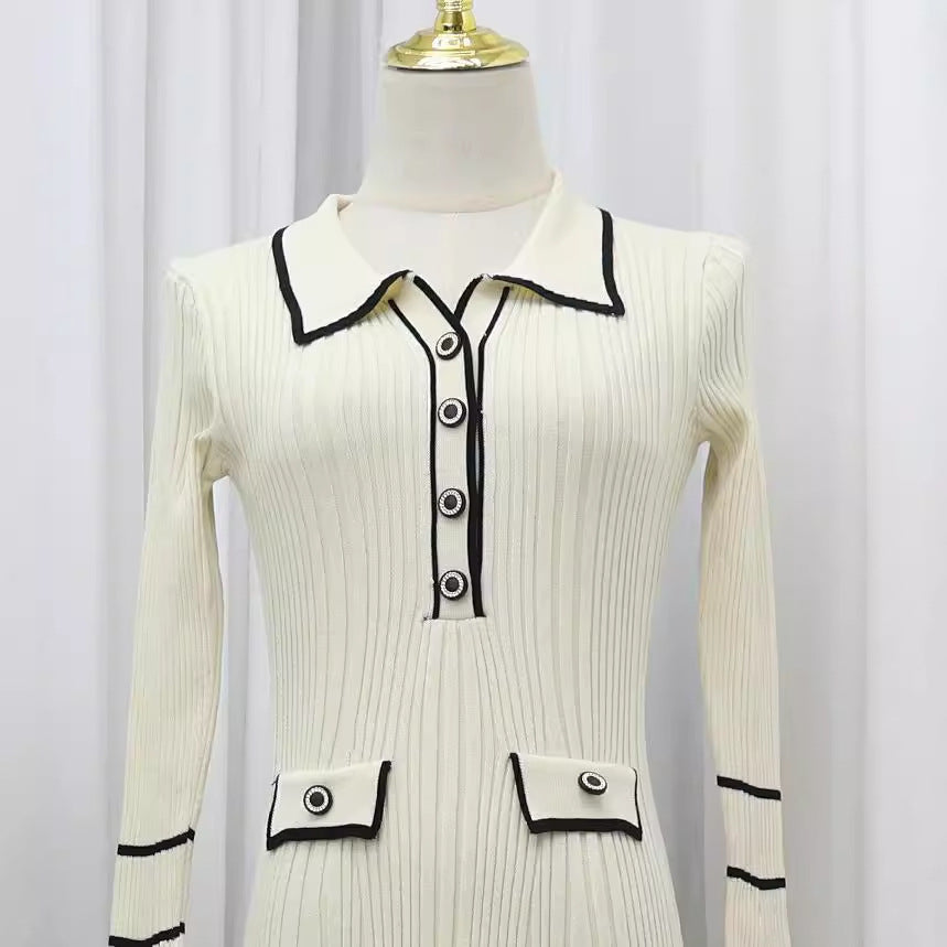 fashion style fall and winterfrench socialitelong sleevesdress lapel button fungus edge knitting skirtlong sleeves